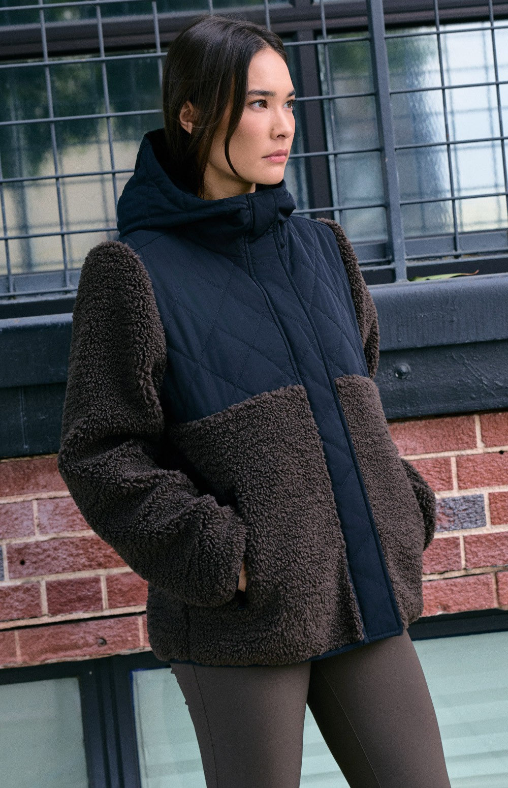 Alp N Rock Tahoe Hooded Shearling Jacket, black and dark brown shearling jacket with a quilted hood for women