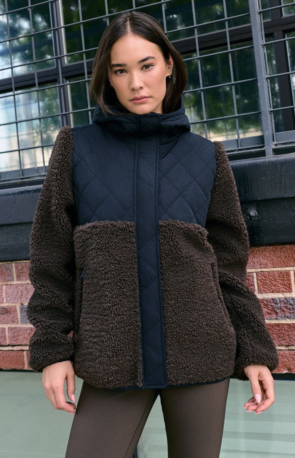 Alp N Rock Tahoe Hooded Shearling Jacket, black and dark brown shearling jacket with a quilted hood for women