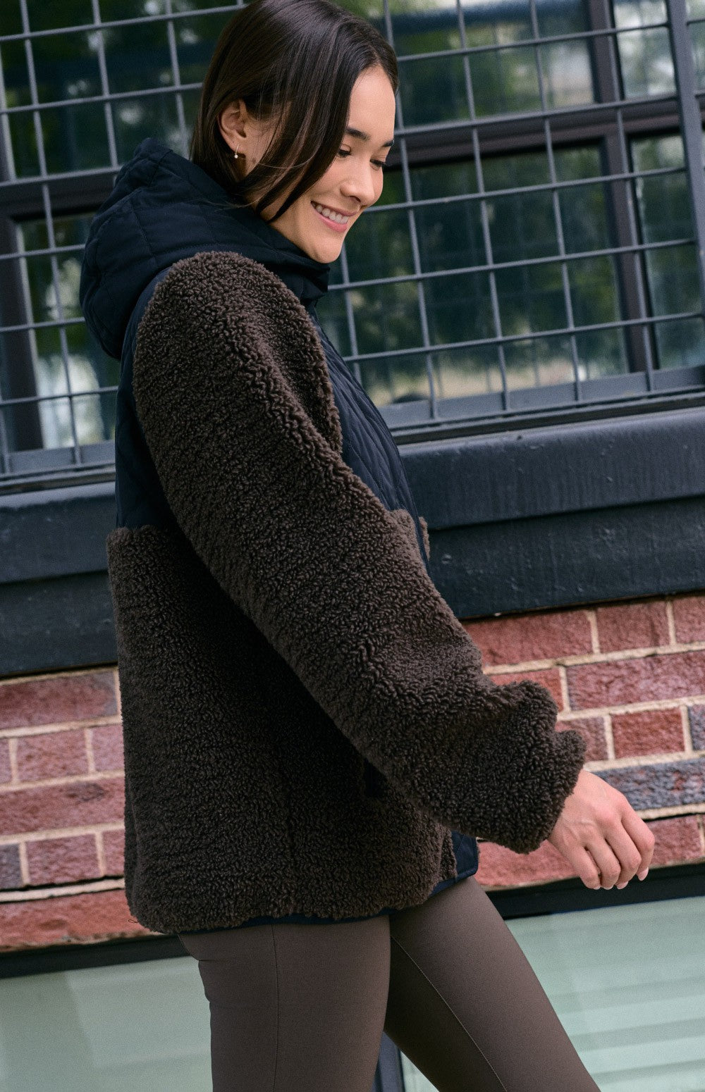 Alp N Rock Tahoe Hooded Shearling Jacket, black and dark brown shearling jacket with a quilted hood for women