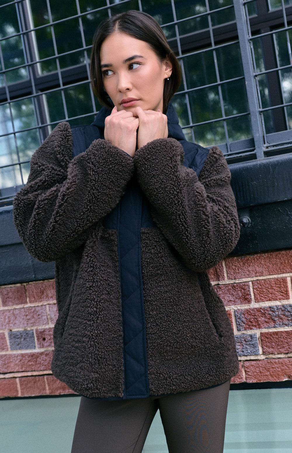 Alp N Rock Tahoe Hooded Shearling Jacket, black and dark brown shearling jacket with a quilted hood for women