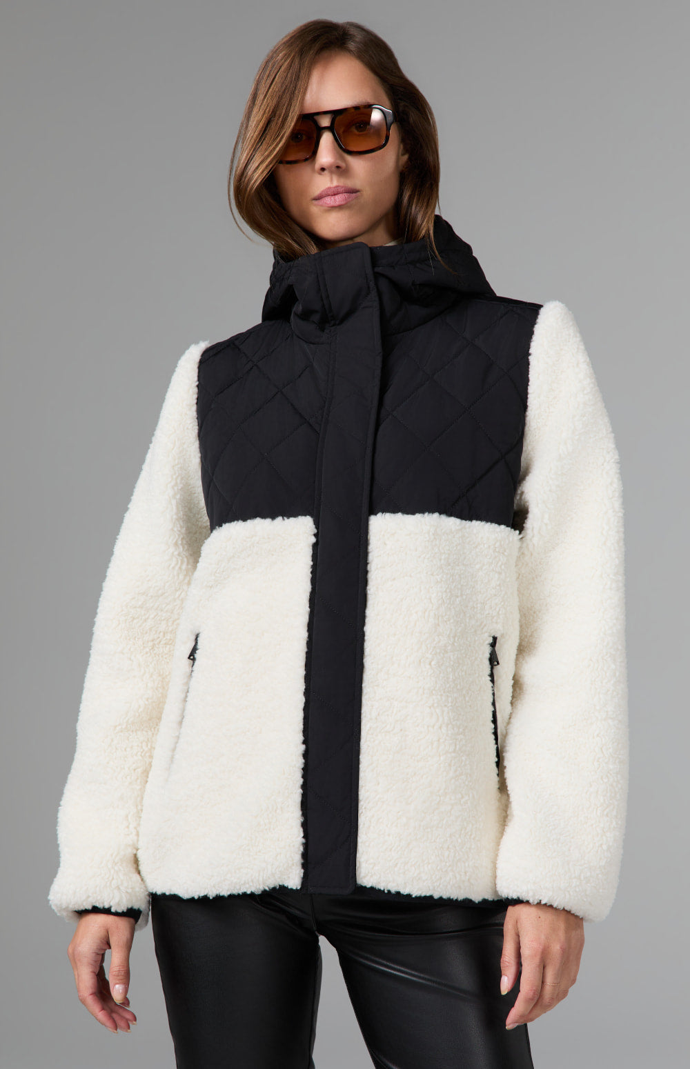 Alp N Rock Tahoe Hooded Shearling Jacket, black and white shearling jacket with a quilted hood for women