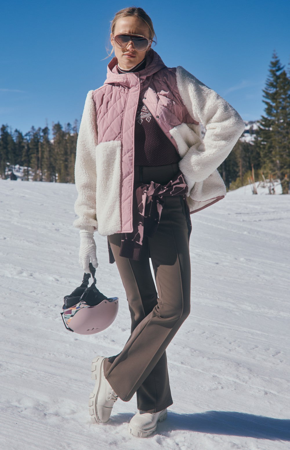 Alp N Rock Tahoe Jacket, women's light pink and white hooded shearling and quilted jacket 