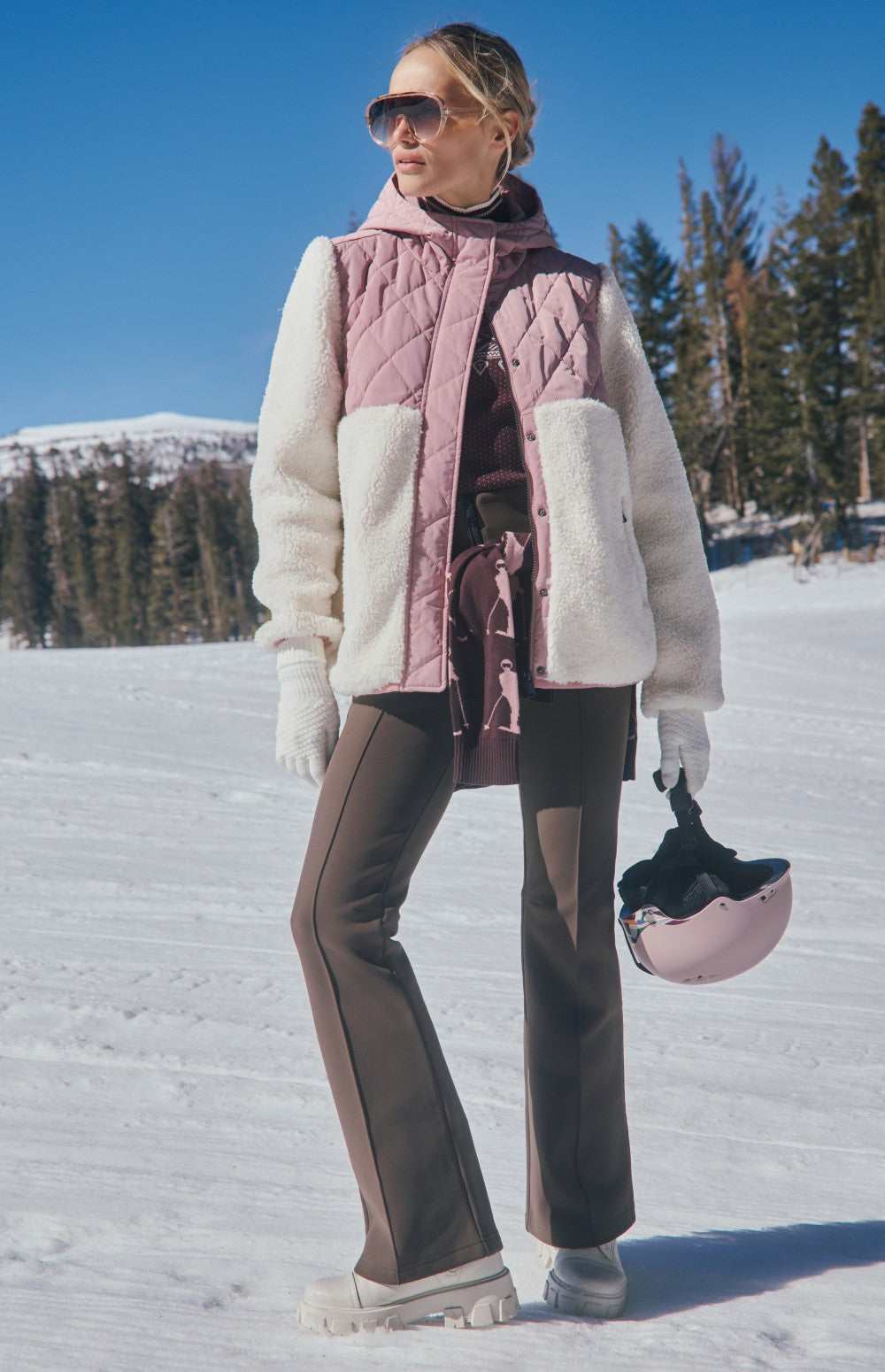 Alp N Rock Tahoe Jacket, women's light pink and white hooded shearling and quilted jacket 