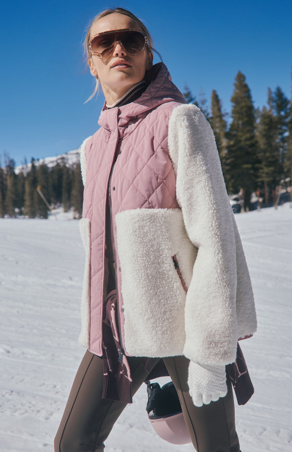 Alp N Rock Tahoe Jacket, women's light pink and white hooded shearling and quilted jacket 