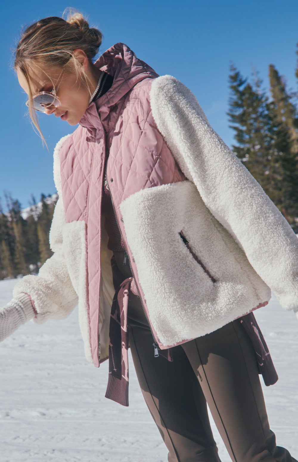 Alp N Rock Tahoe Jacket, women's light pink and white hooded shearling and quilted jacket 