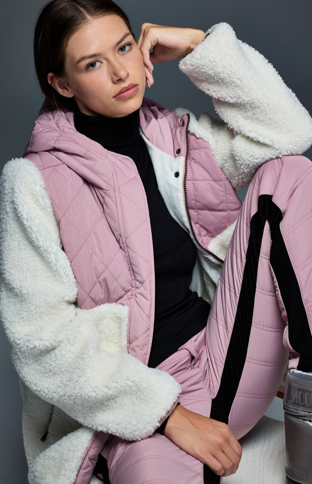 Alp N Rock Tahoe Jacket, women's light pink and white hooded shearling and quilted jacket 
