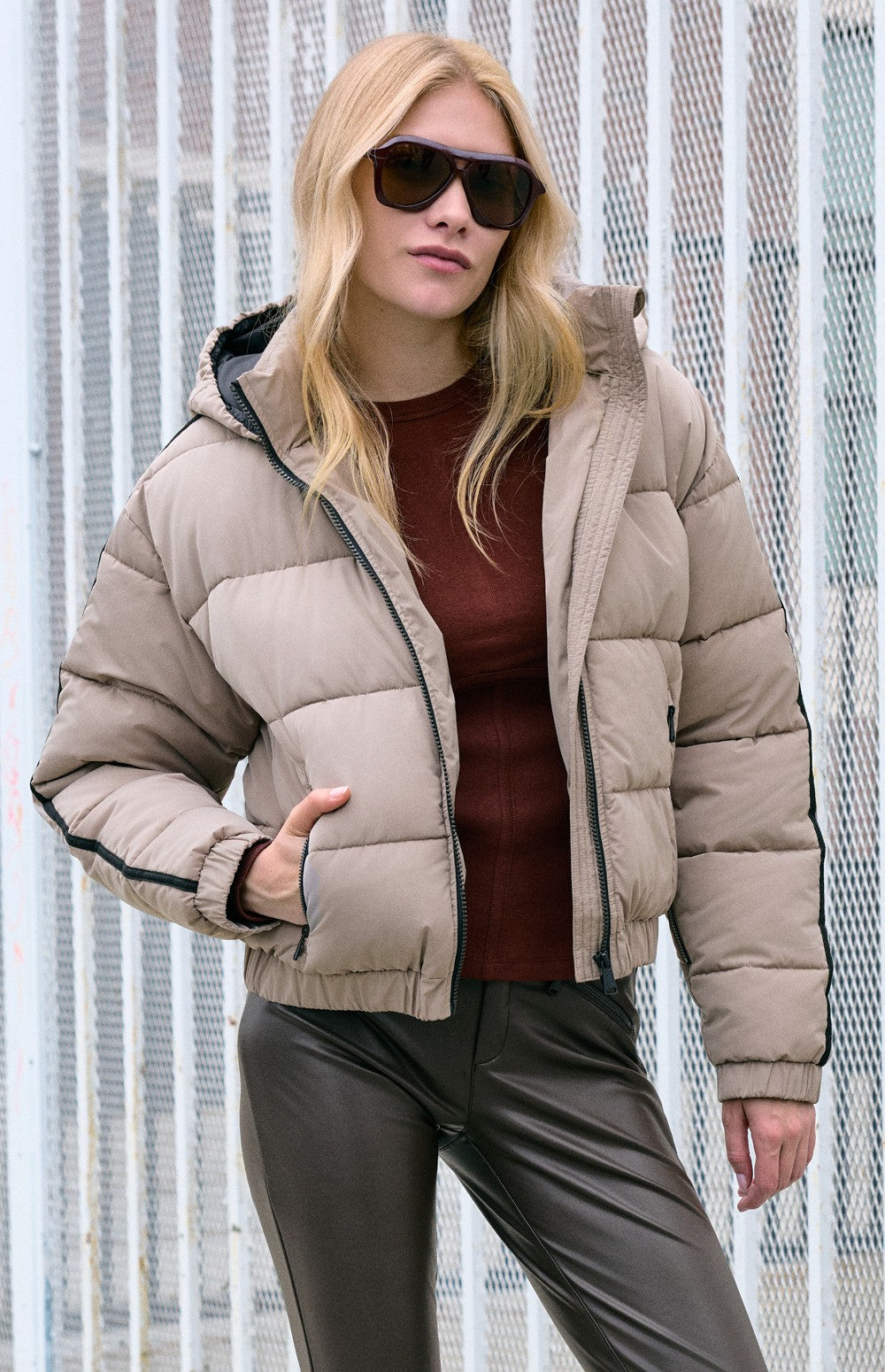 Alp N Rock Whitney Puffer Jacket, warm taupe puffer jacket with hood for women
