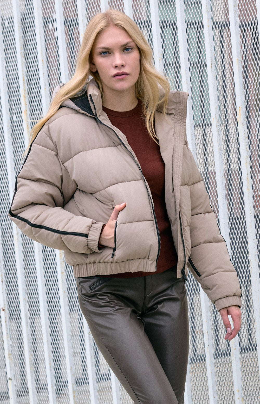 Alp N Rock Whitney Puffer Jacket, warm taupe puffer jacket with hood for women