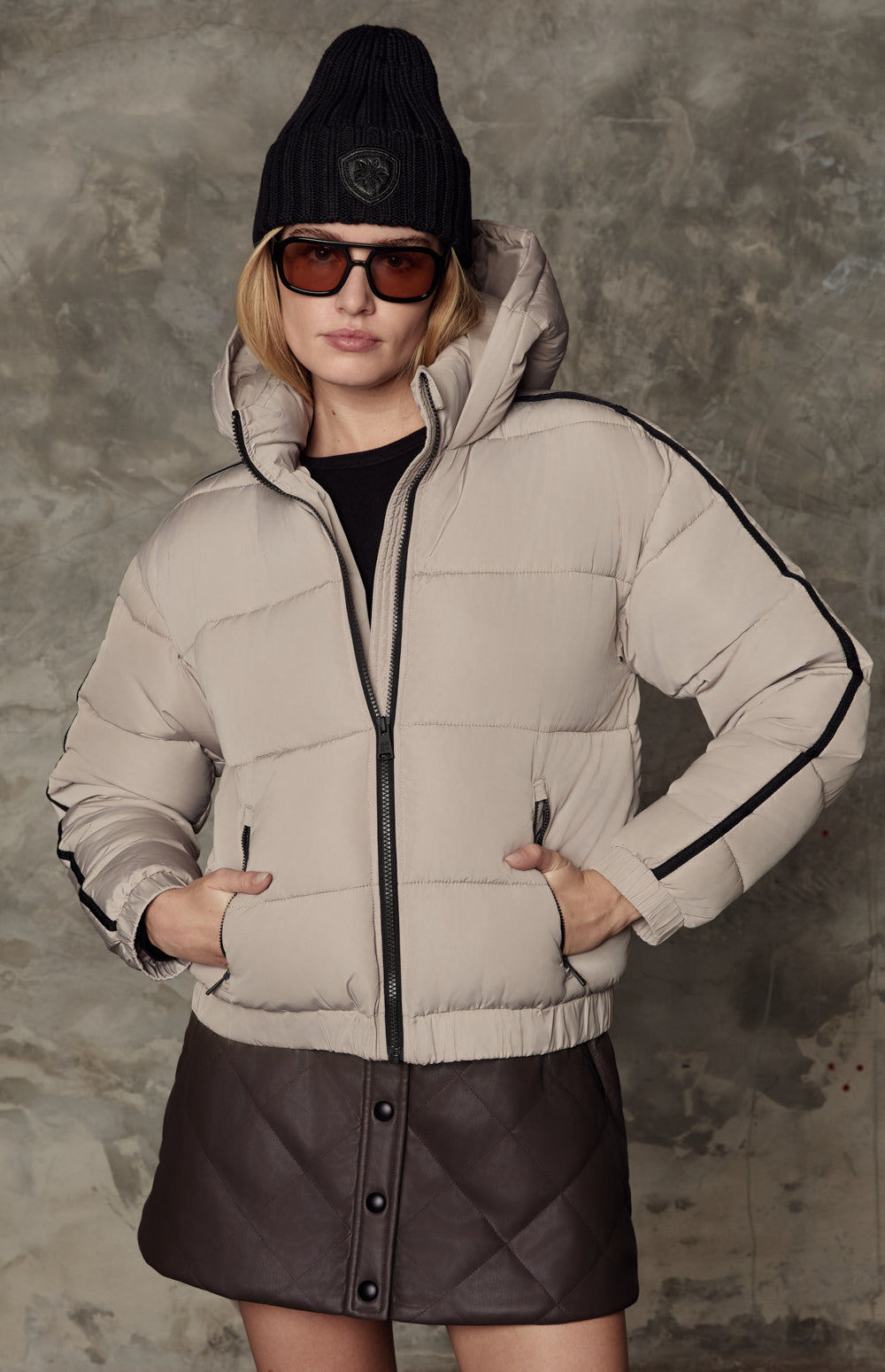 Alp N Rock Whitney Puffer Jacket, warm beige puffer jacket with hood for women