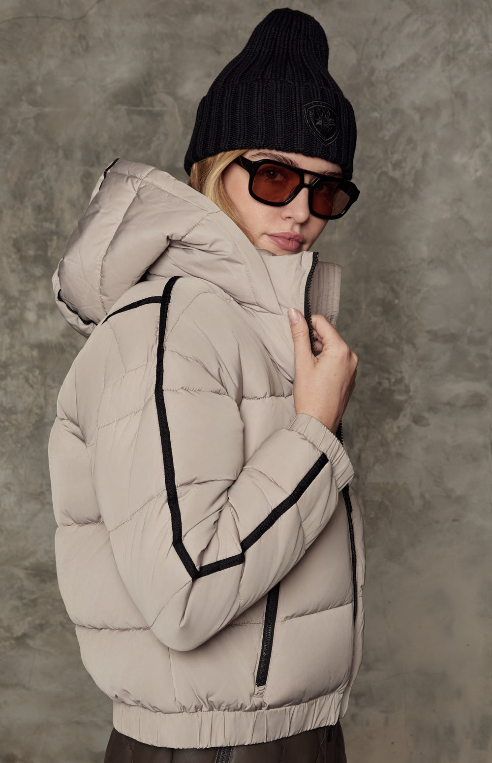 Alp N Rock Whitney Puffer Jacket, warm beige puffer jacket with hood for women