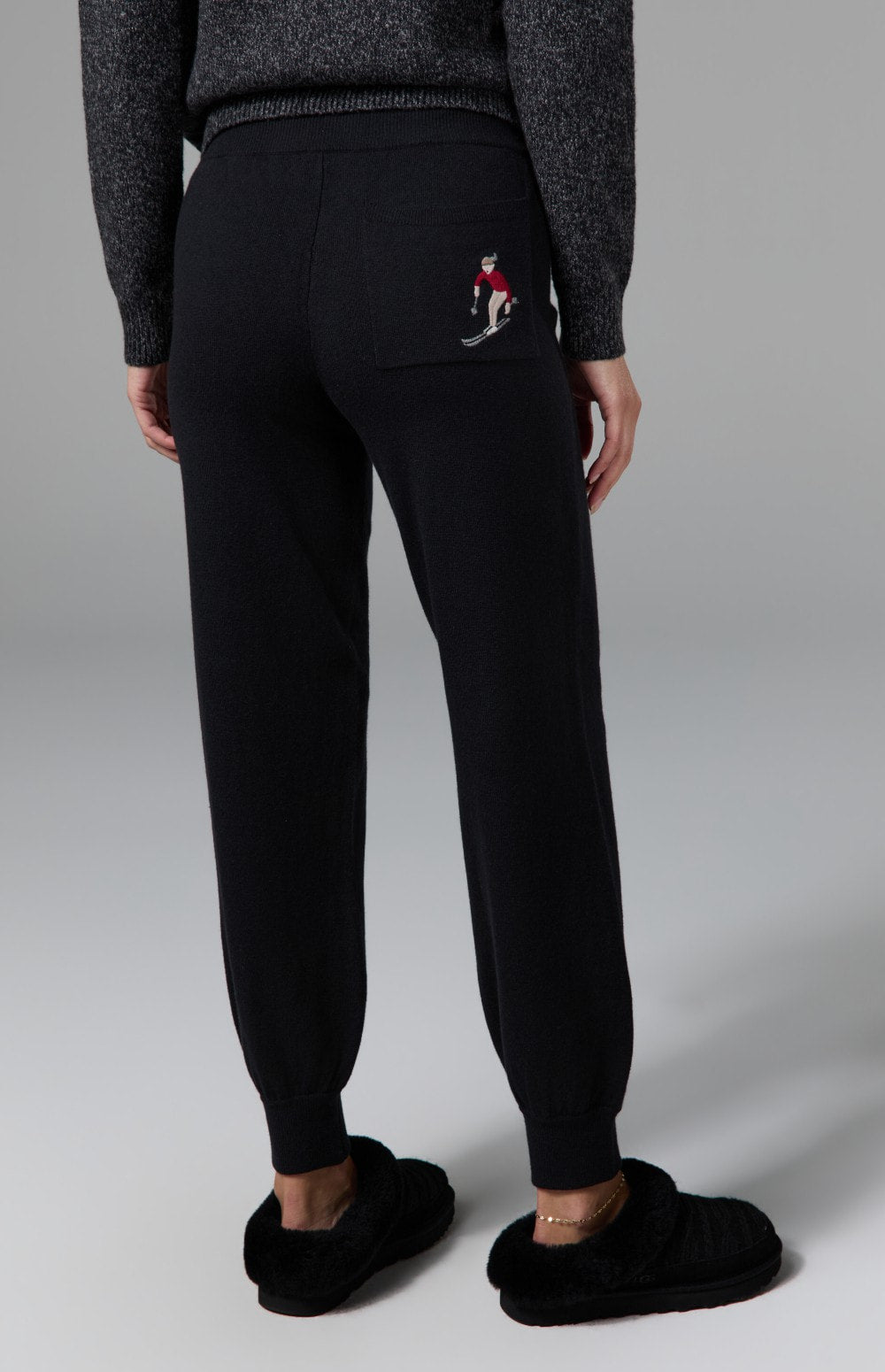 Alp N Rock Ahaana Skier Sweater Jogger, women's black knit jogger with embroidered skiier on back pocket