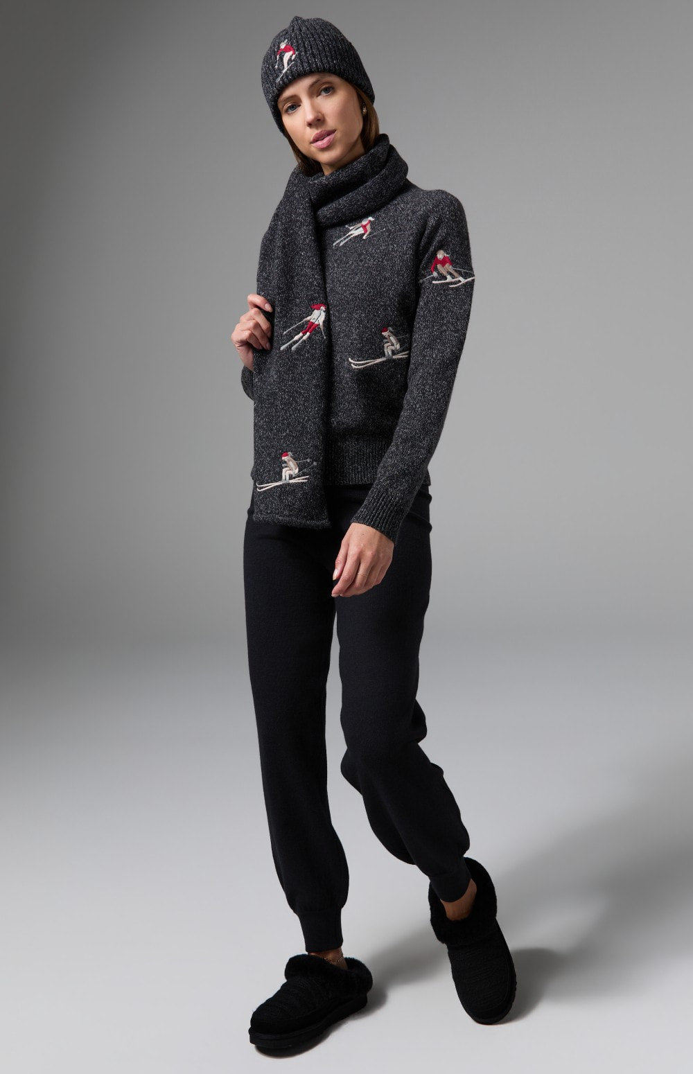 Alp N Rock Ahaana Skier Sweater Jogger, women's black knit jogger with embroidered skiier on back pocket