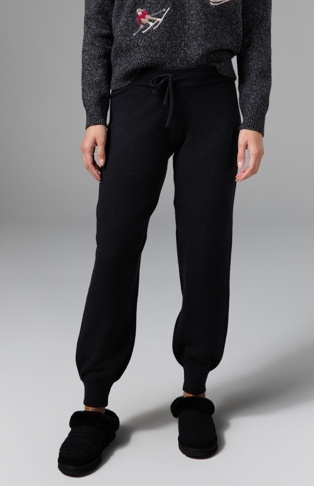 Alp N Rock Ahaana Skier Sweater Jogger, women's black knit jogger with embroidered skiier on back pocket