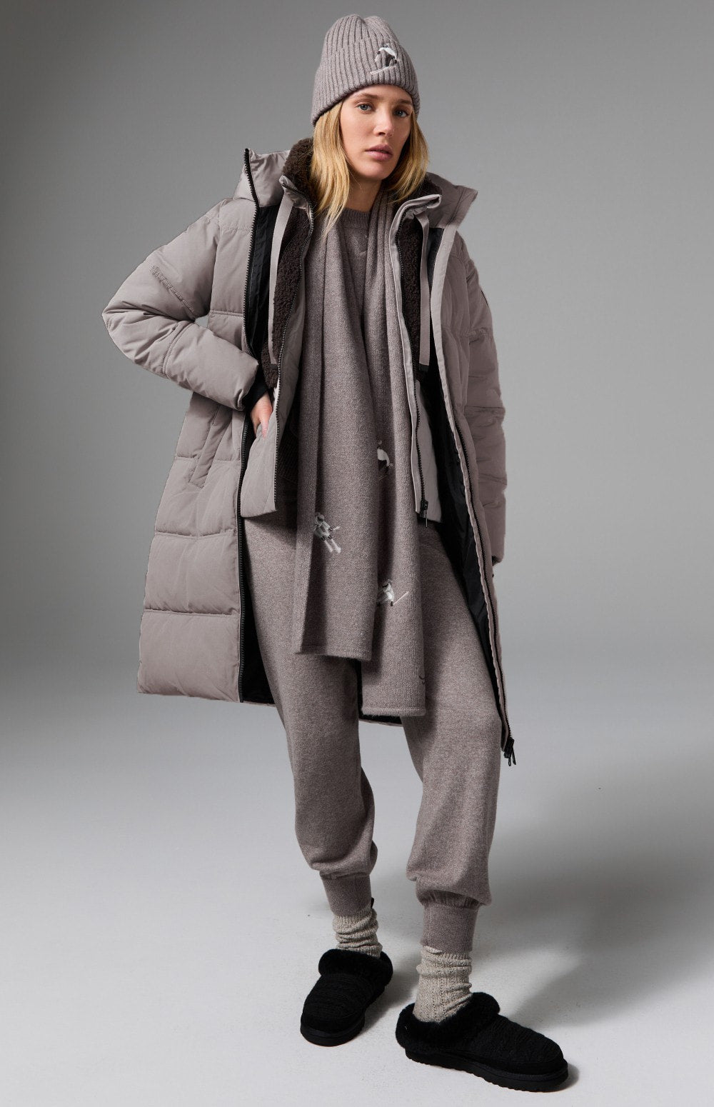 Alp N Rock Ahaana Skier Sweater Jogger, women's taupe knit jogger with embroidered skiier on back pocket