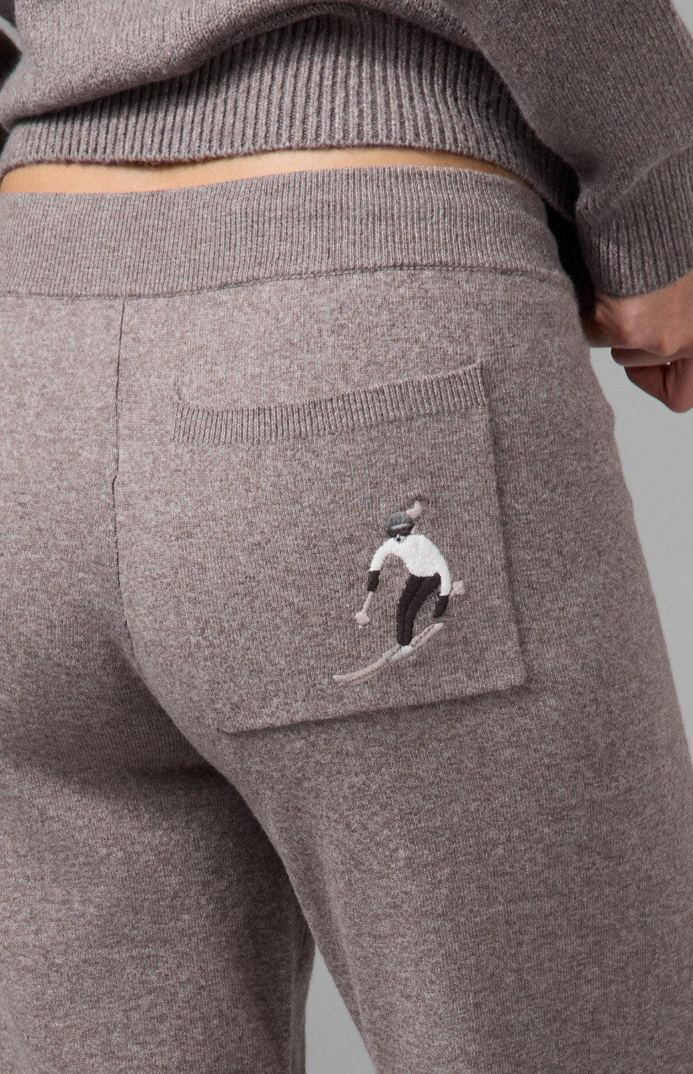 Alp N Rock Ahaana Skier Sweater Jogger, women's taupe knit jogger with embroidered skiier on back pocket