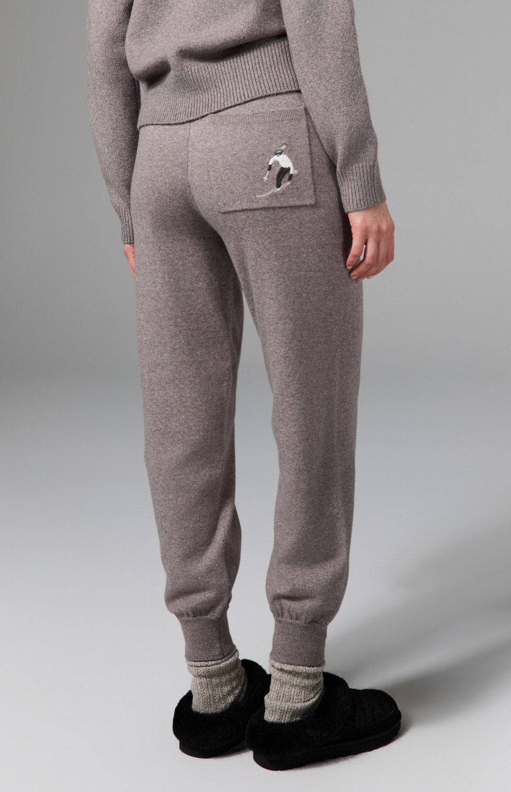 Alp N Rock Ahaana Skier Sweater Jogger, women's taupe knit jogger with embroidered skiier on back pocket