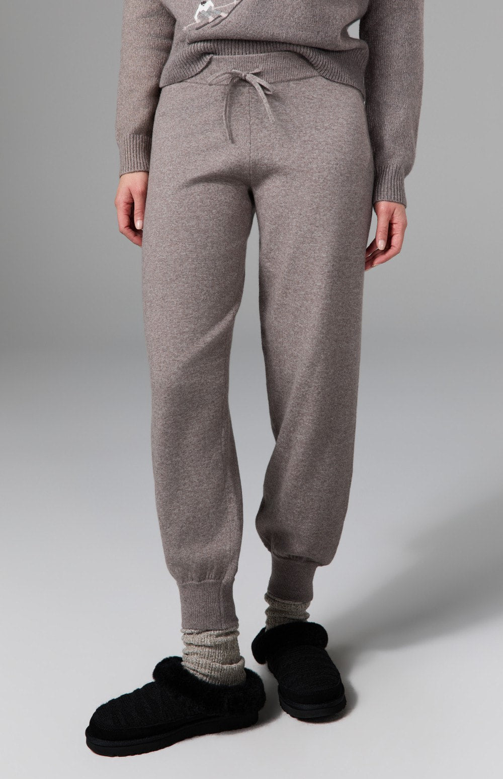 Alp N Rock Ahaana Skier Sweater Jogger, women's taupe knit jogger with embroidered skiier on back pocket