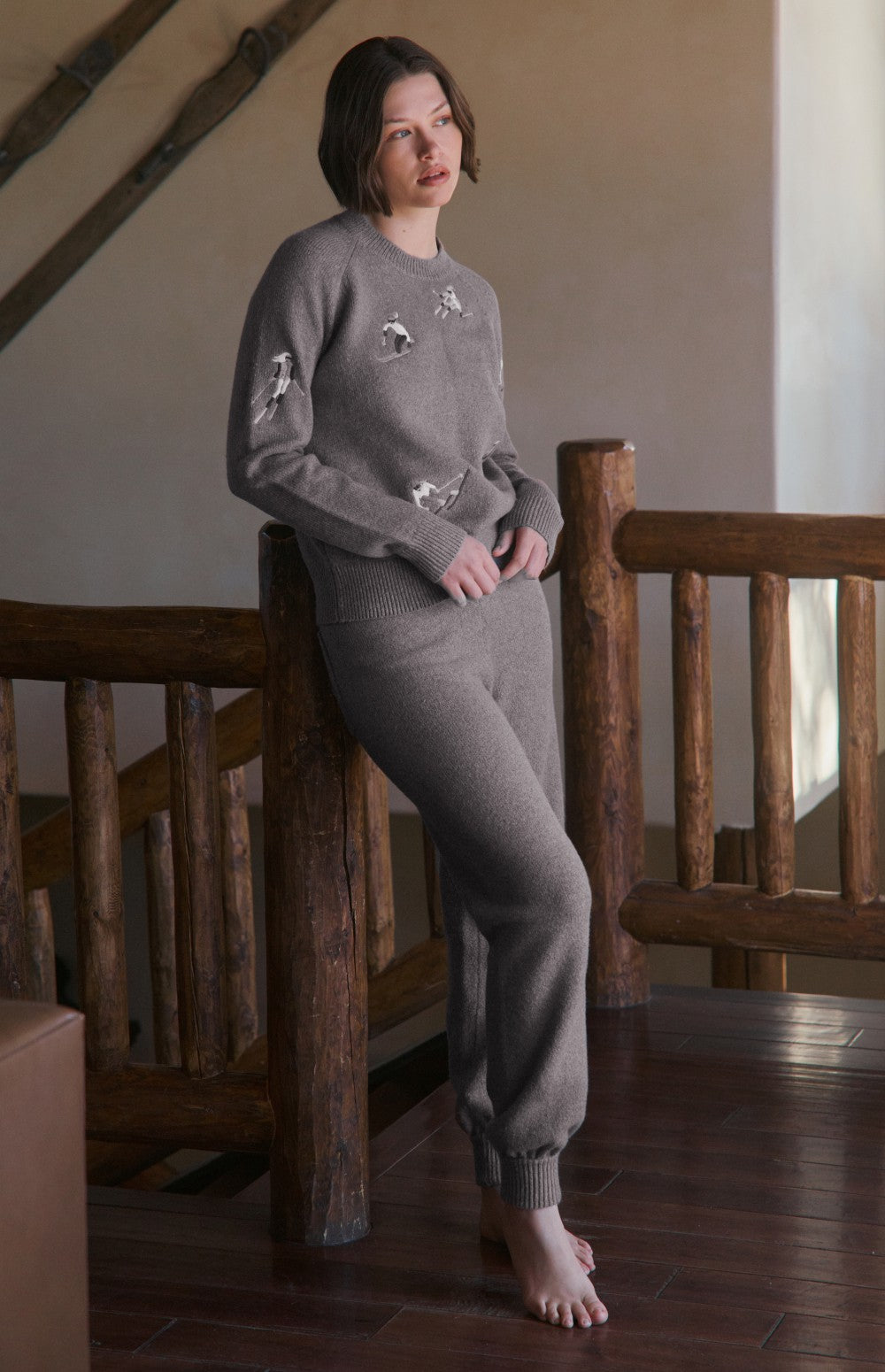 Alp N Rock Ahaana Skier Sweater Jogger, women's taupe knit jogger with embroidered skiier on back pocket