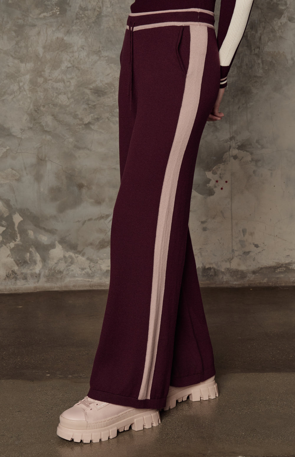 Alp N Rock August Pant, dark cherry wide leg knit lounge pant for women with pink stripe on the leg