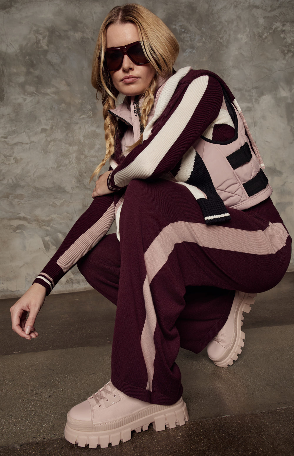 Alp N Rock August Pant, dark cherry wide leg knit lounge pant for women with pink stripe on the leg