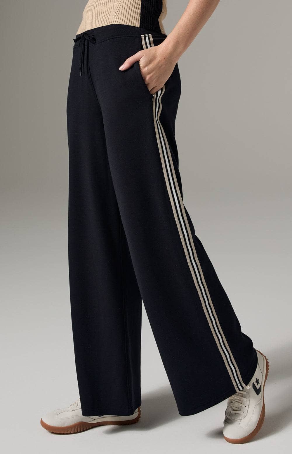 Alp N Rock Blake Pant, Women's Black Track Pant with Beige and White Stripes Down the Leg