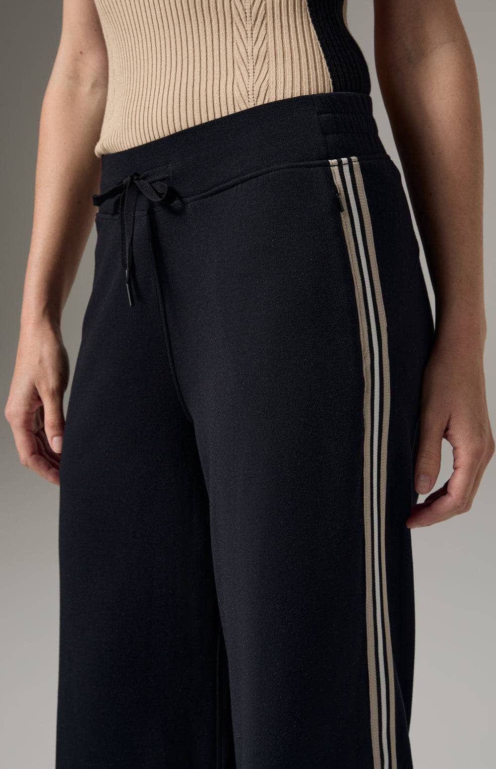 Alp N Rock Blake Pant, Women's Black Track Pant with Beige and White Stripes Down the Leg