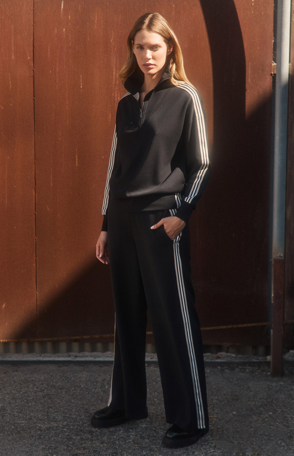 Alp N Rock Blake Pant, black wide leg lounge pant for women with stripes down the leg