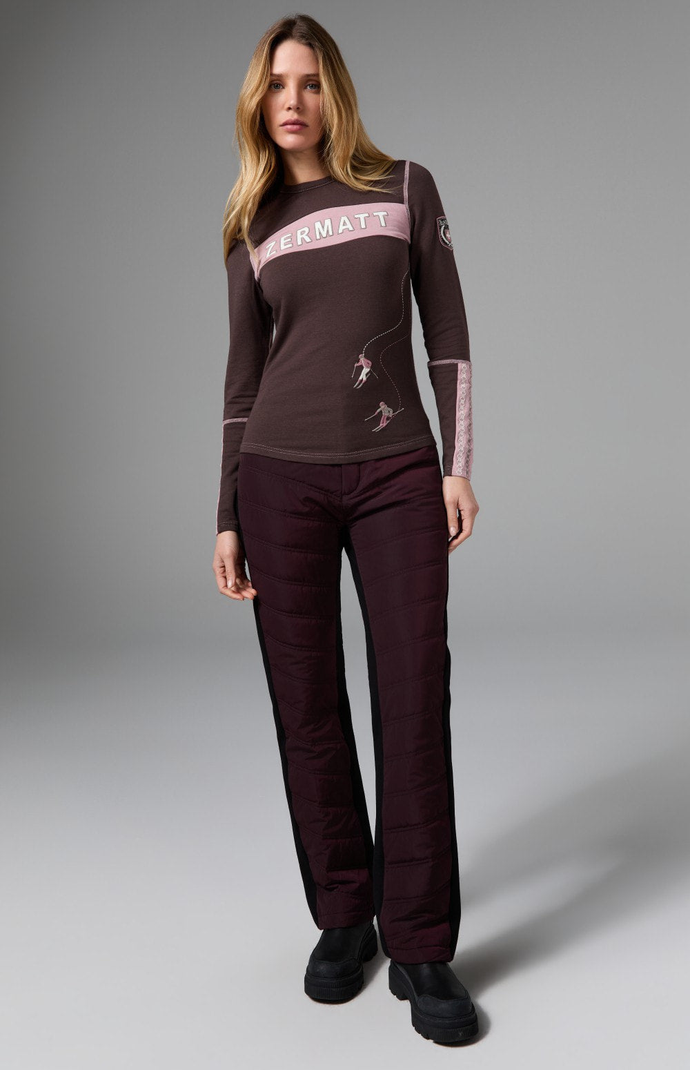 Alp N Rock Kaja Pant, dark red quilted cold weather straight leg pant for women
