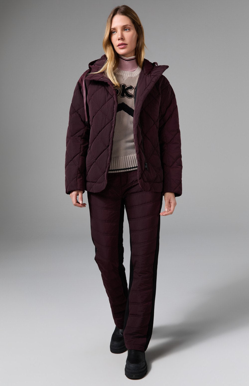 Alp N Rock Kaja Pant, dark red quilted cold weather straight leg pant for women