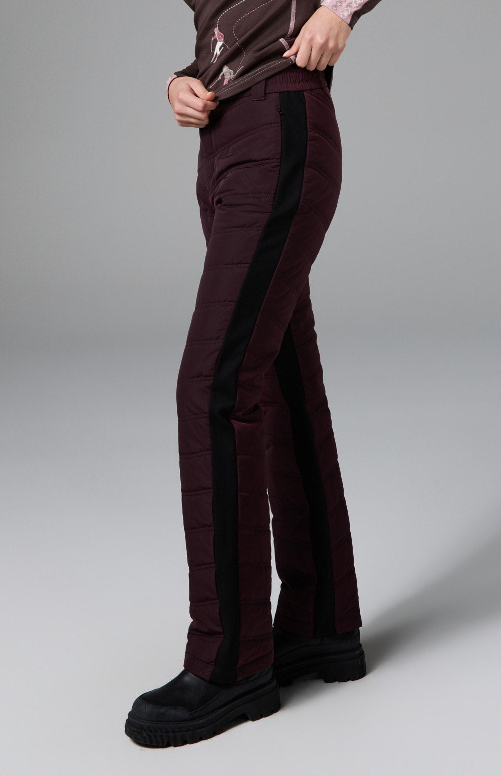 Alp N Rock Kaja Pant, dark red quilted cold weather straight leg pant for women