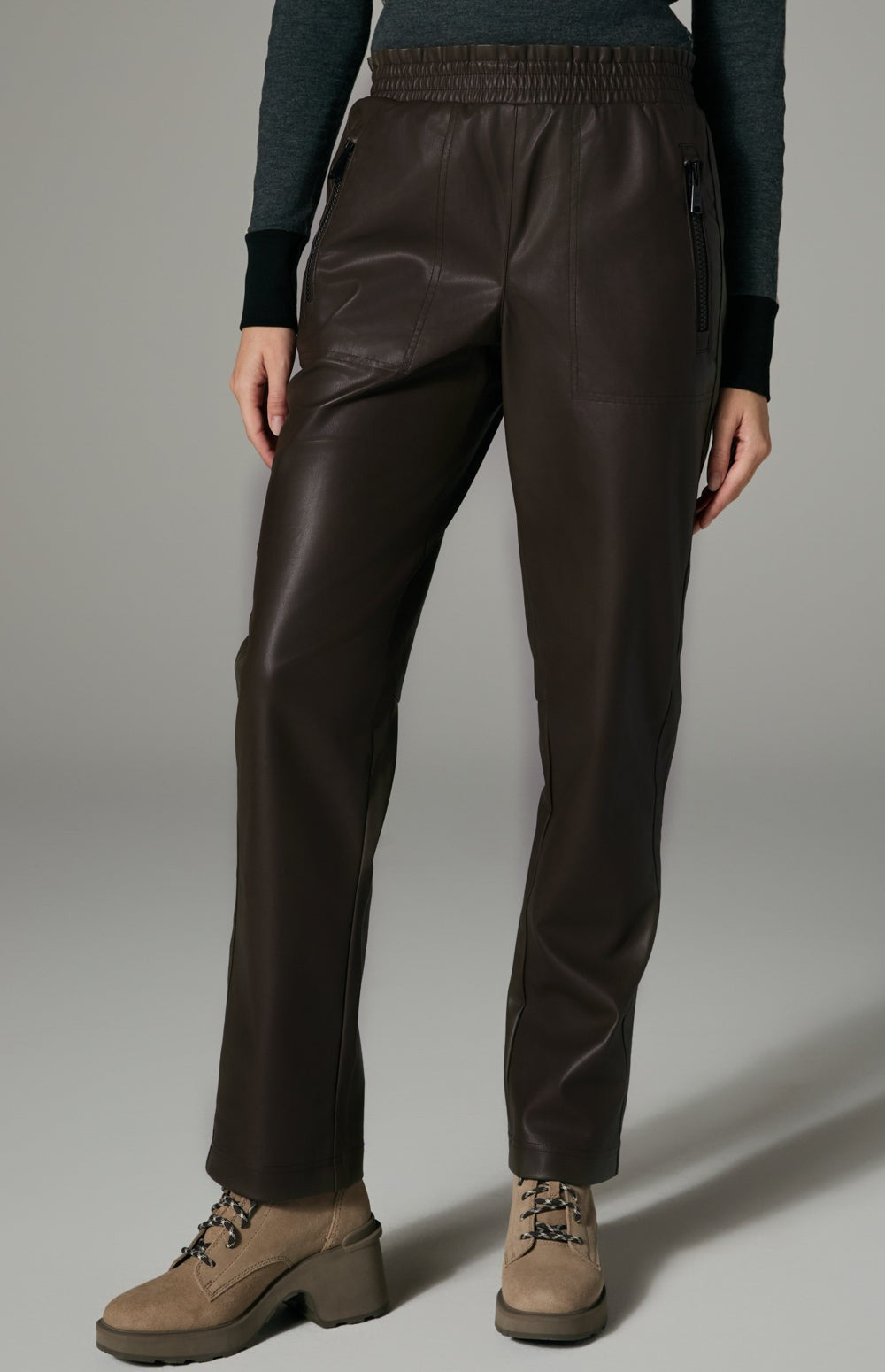 Alp N Rock London Pant, dark brown faux leather pant for women with elastic waist and pockets