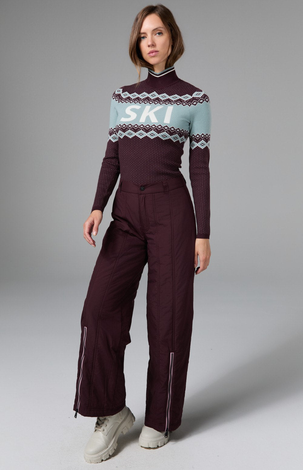 Alp N Rock  Meribel Wide Leg Pant, women's dark red wide leg insulated pant with ankle zip