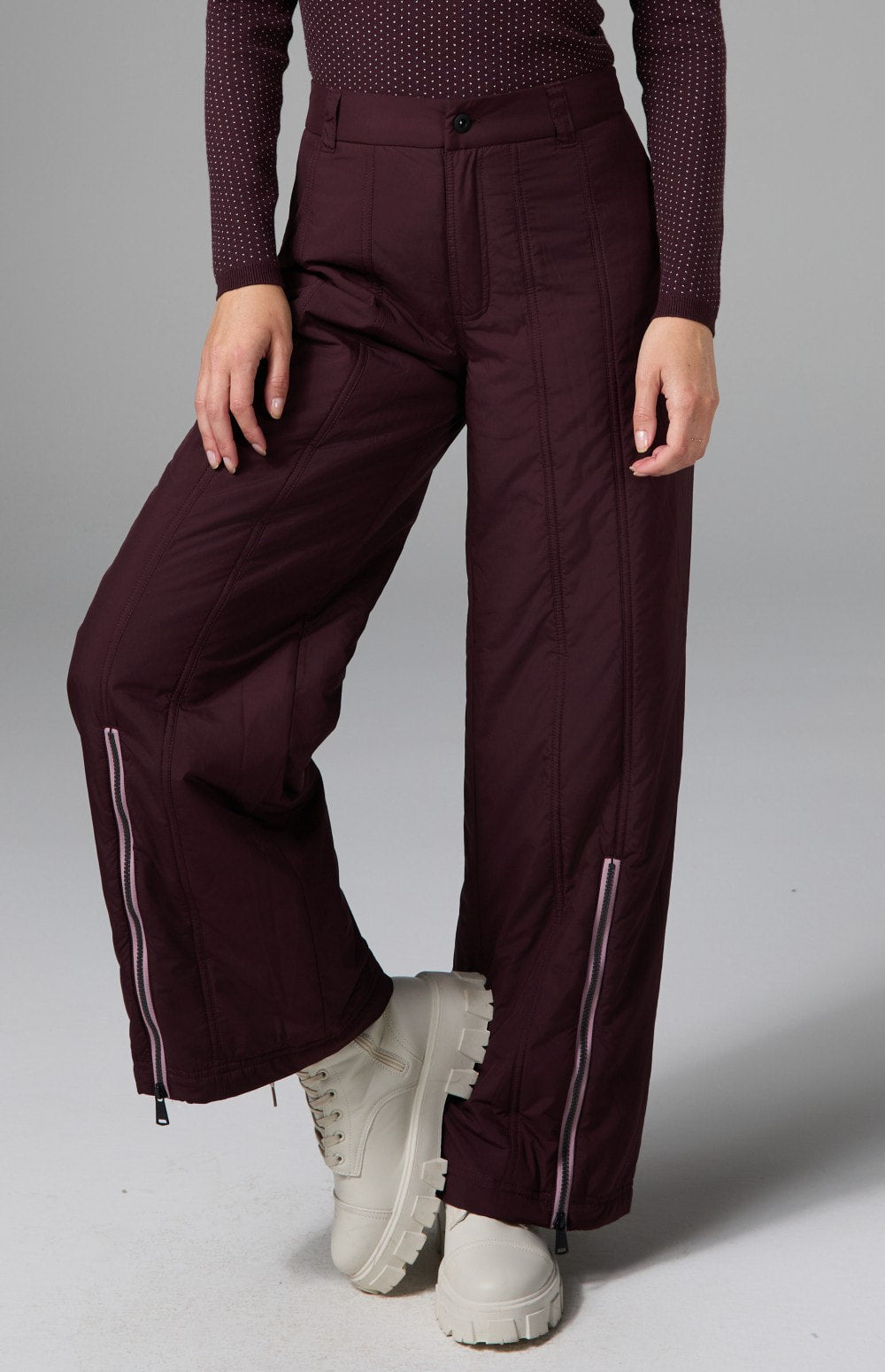 Alp N Rock  Meribel Wide Leg Pant, women's dark red wide leg insulated pant with ankle zip