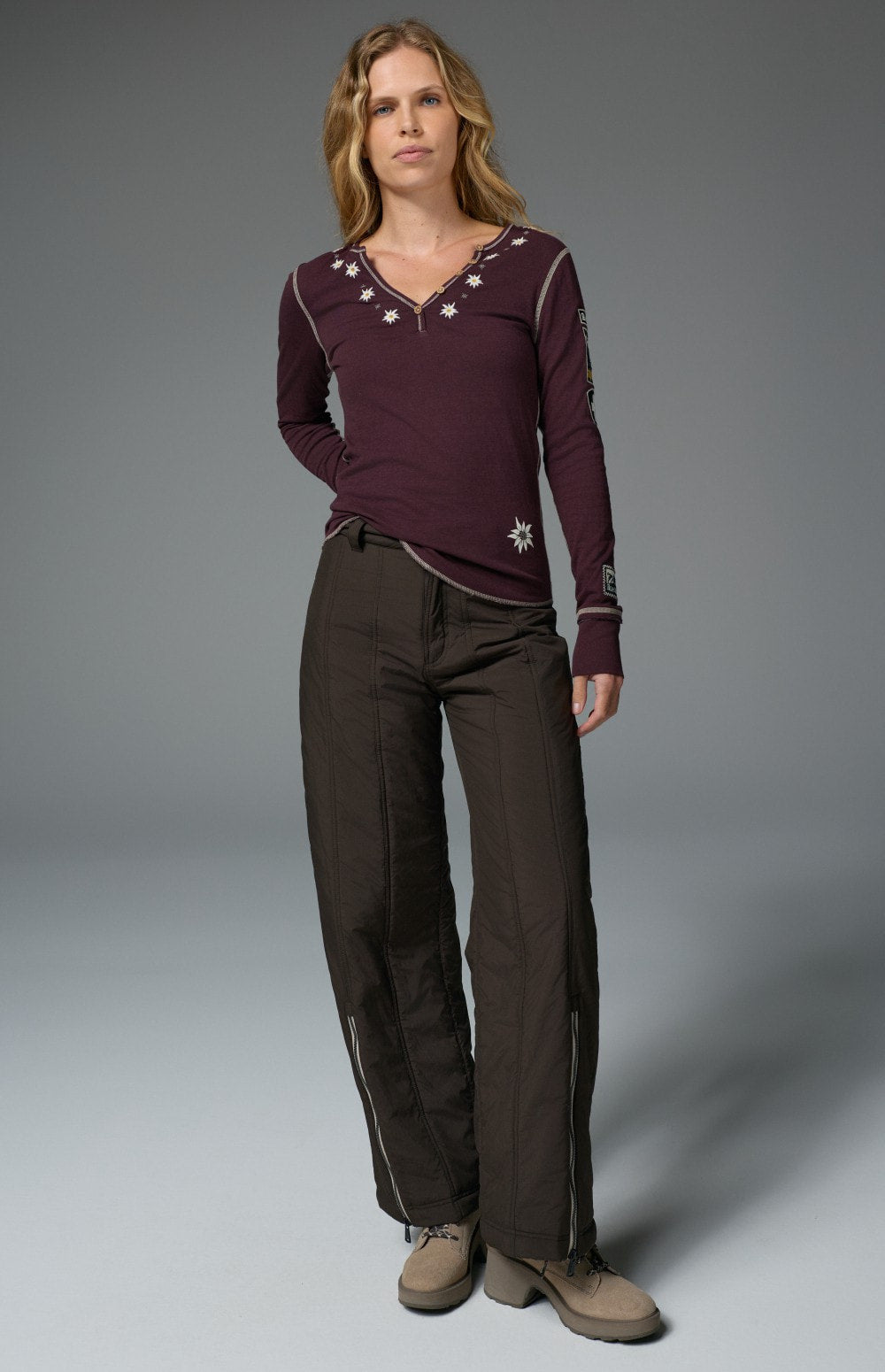 Alp N Rock  Meribel Wide Leg Pant, women's dark brown wide leg insulated pant with ankle zip