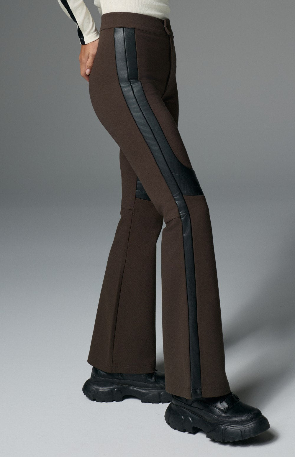 Alp N Rock Sabine Pant, double knit dark brown flare pant for women with faux leather details