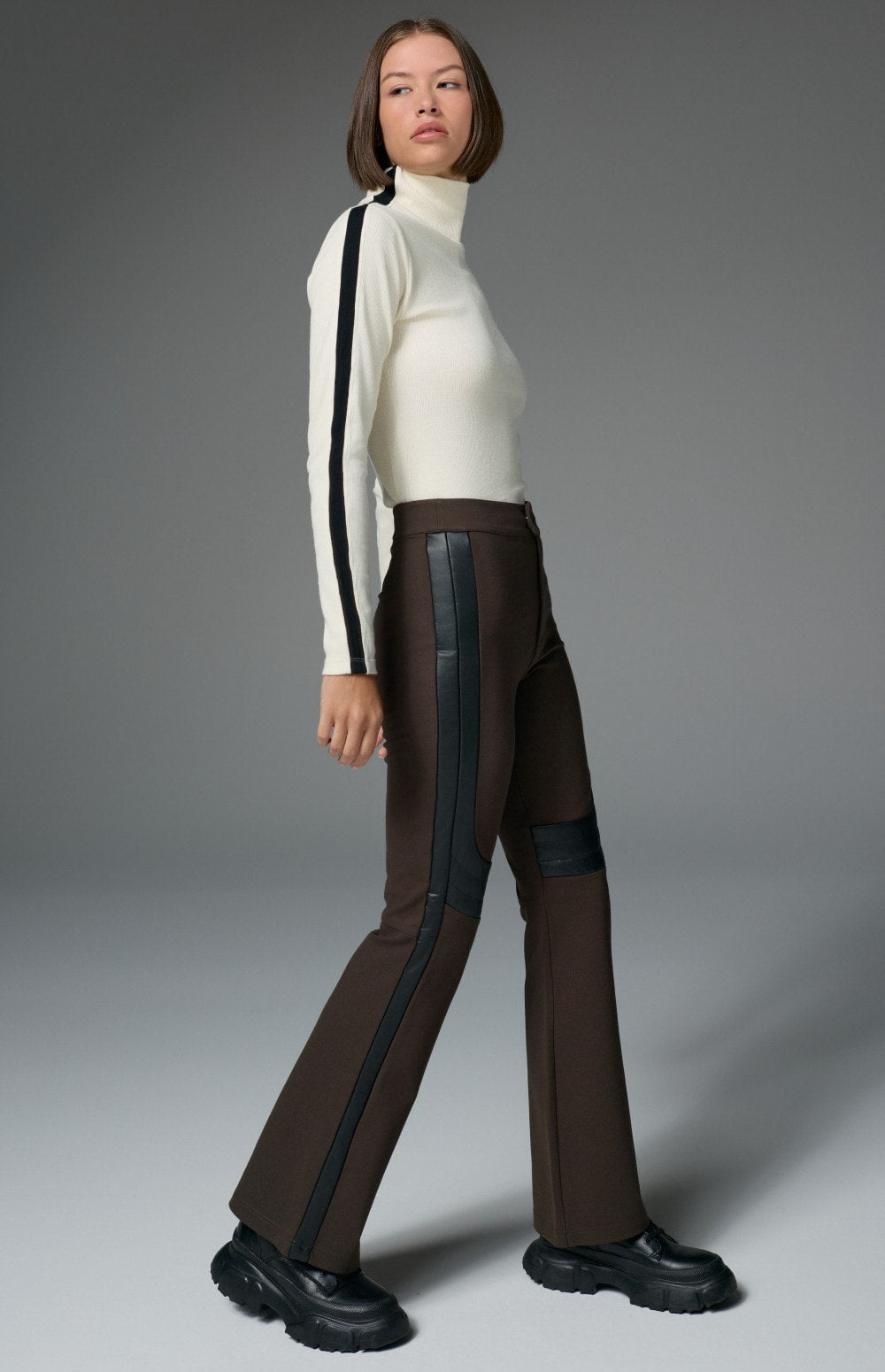 Alp N Rock Sabine Pant, double knit dark brown flare pant for women with faux leather details