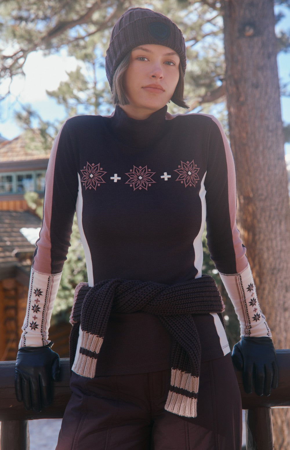 Allison Mockneck by Alp N Rock, Women's dark red Mock Neck Ski Shirt with Embroidered Snowflakes on the Chest and Sleeves