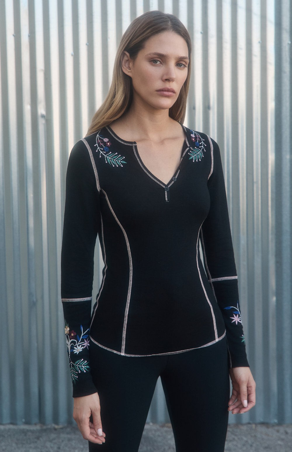 Alp N Rock Angelica Henley Shirt, black longsleeve henley shirt for women with white stitching and floral embroidery