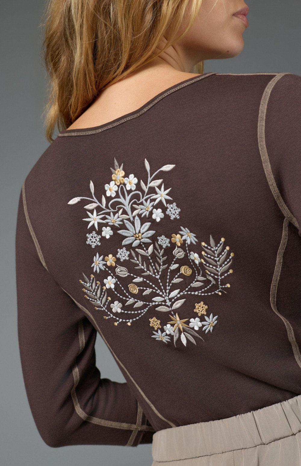 Alp N Rock Angelica Henley Shirt, women's dark brown longsleeve henley shirt with flower embroidered details