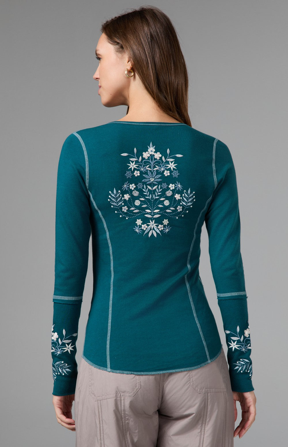 Alp N Rock Angelica Henley Shirt, women's teal longsleeve henley shirt with flower embroidered details