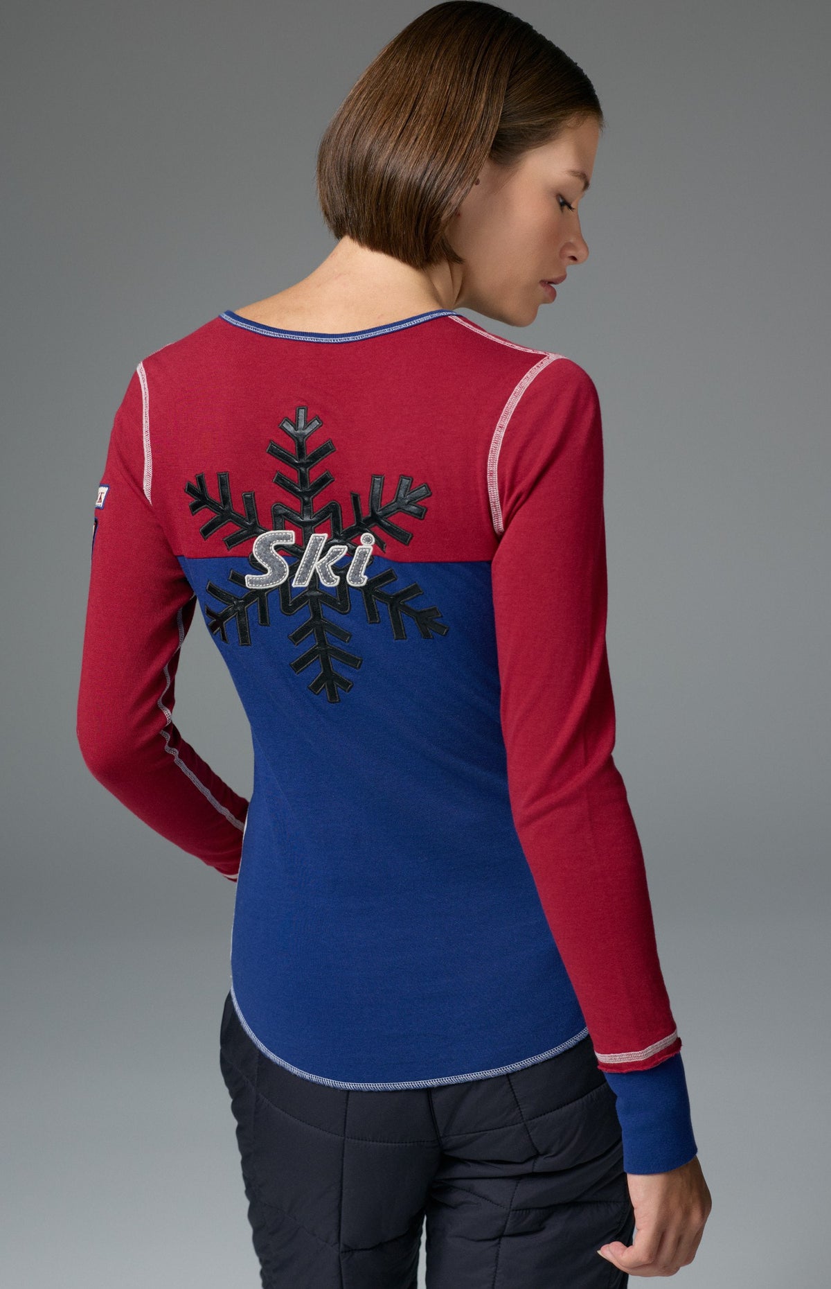Alp N Rock Anja Henley Shirt, red and blue longsleeve henley shirt with white snowflake detailing