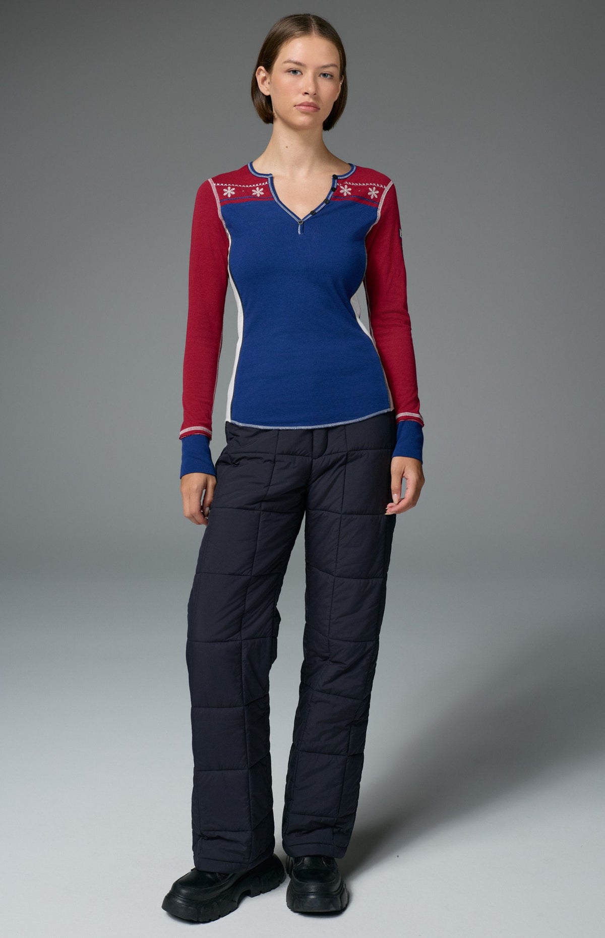 Alp N Rock Anja Henley Shirt, red and blue longsleeve henley shirt with white snowflake detailing