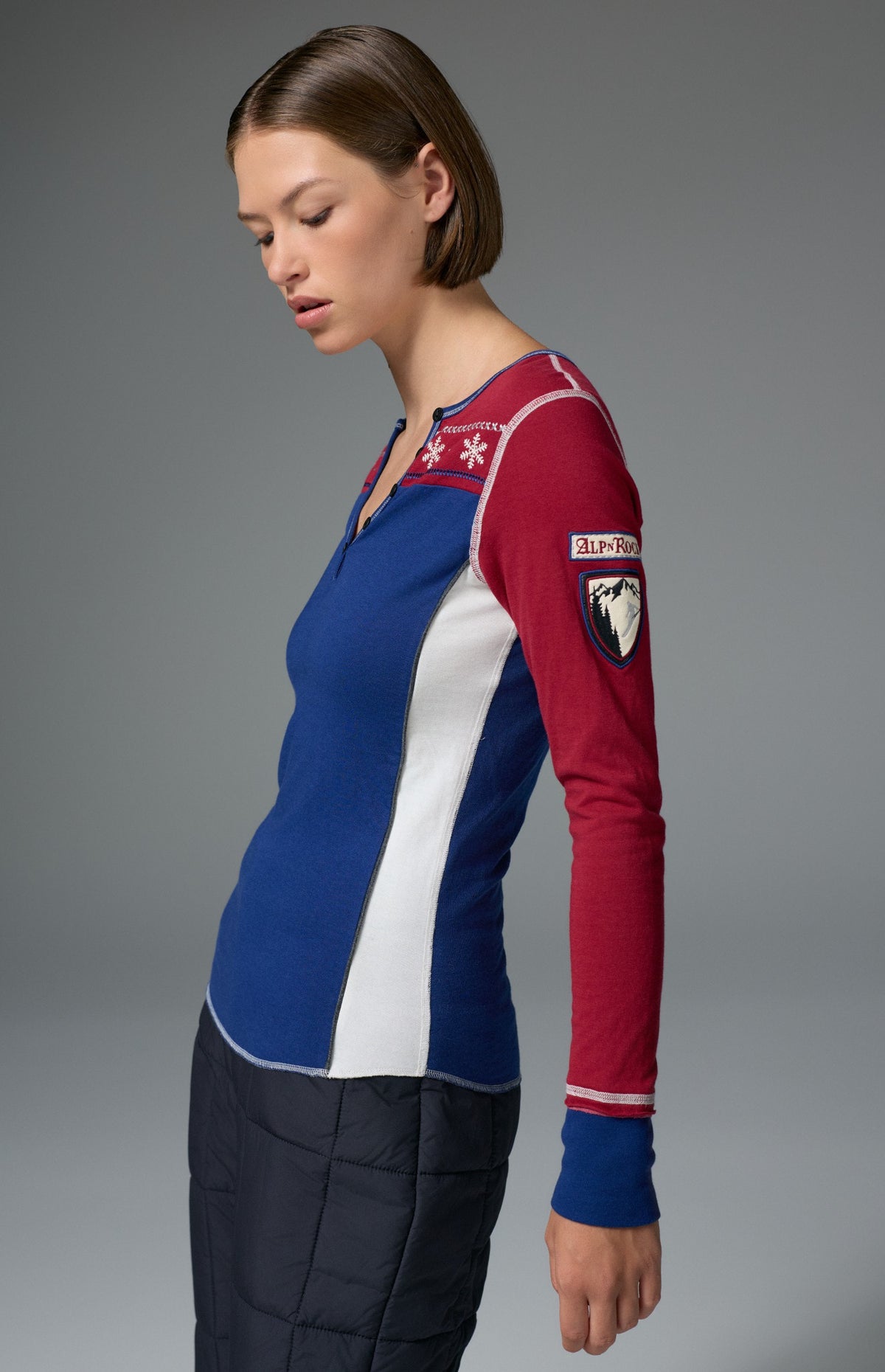 Alp N Rock Anja Henley Shirt, red and blue longsleeve henley shirt with white snowflake detailing