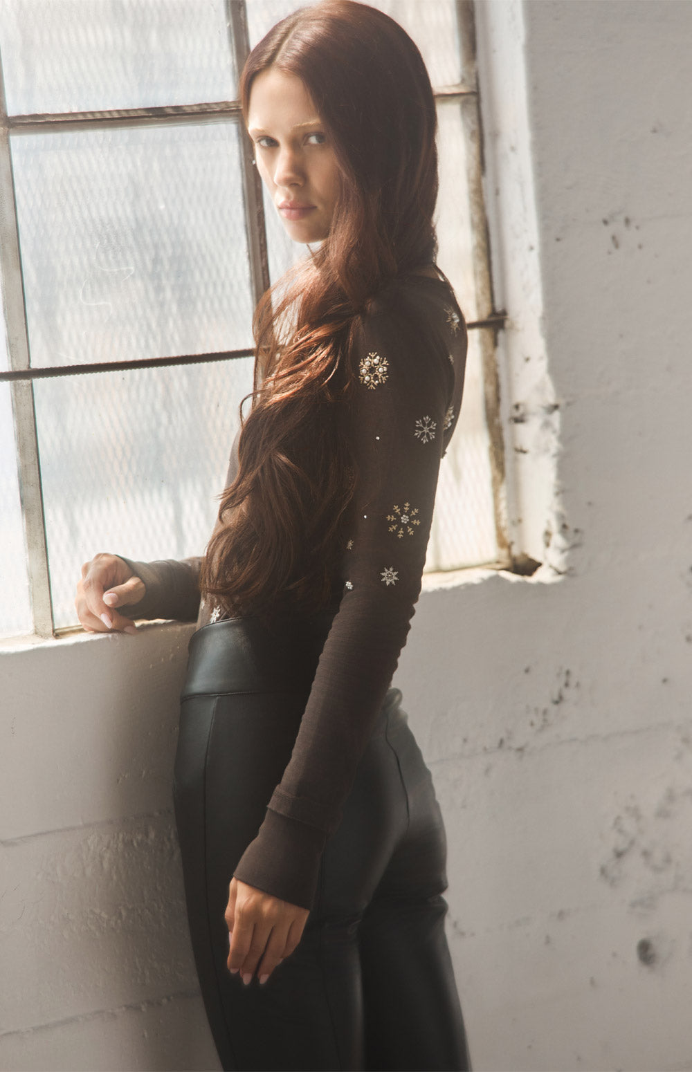 Alp N Rock Annika Henley Shirt, dark brown longsleeve henley shirt for women with accent beading at the neckline and all over