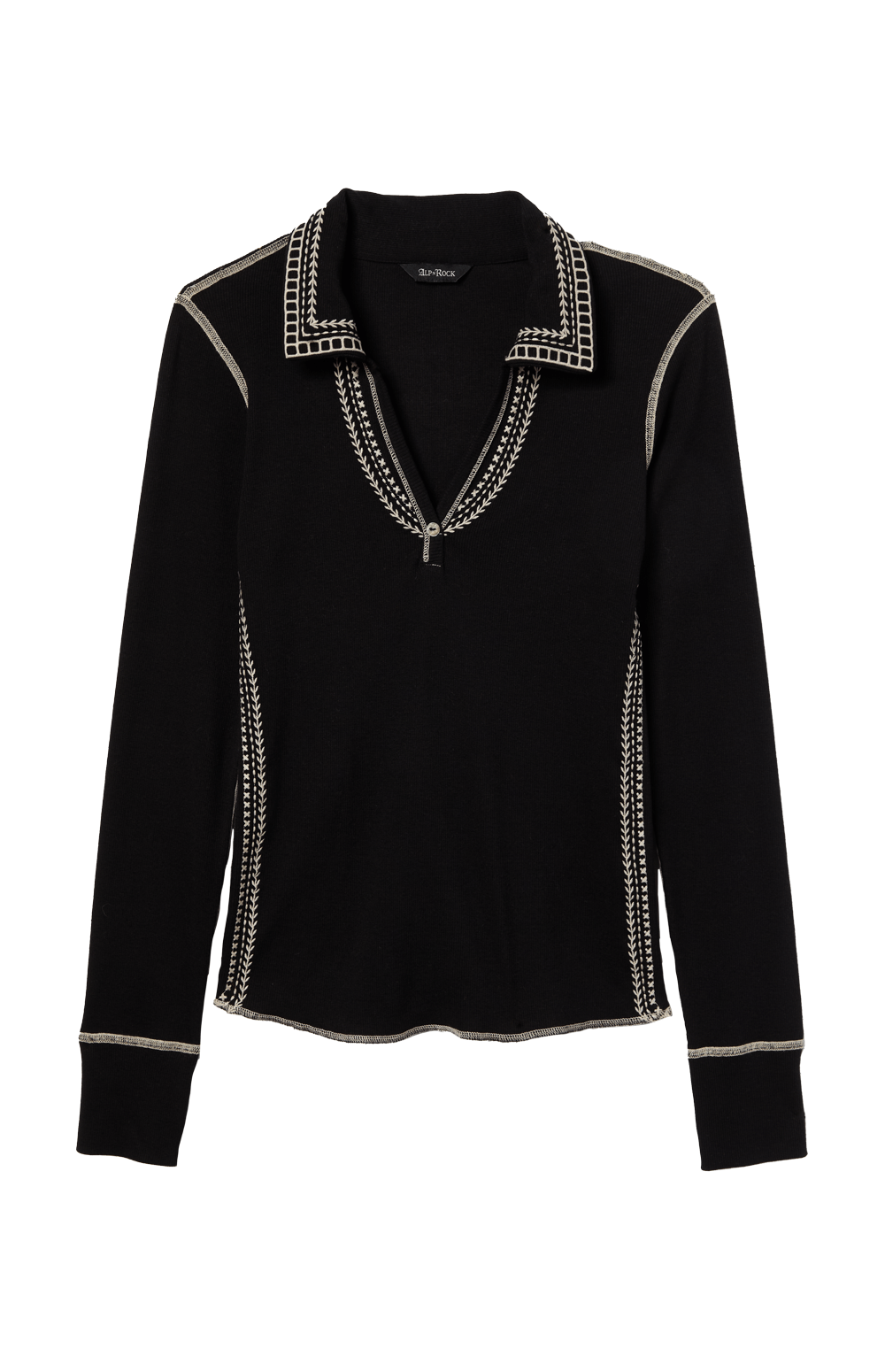 Alp N Rock Asher Polo Shirt, Women's Black Long Sleeve Polo Shirt with Embroidery at the Neckline and Down the Bodice