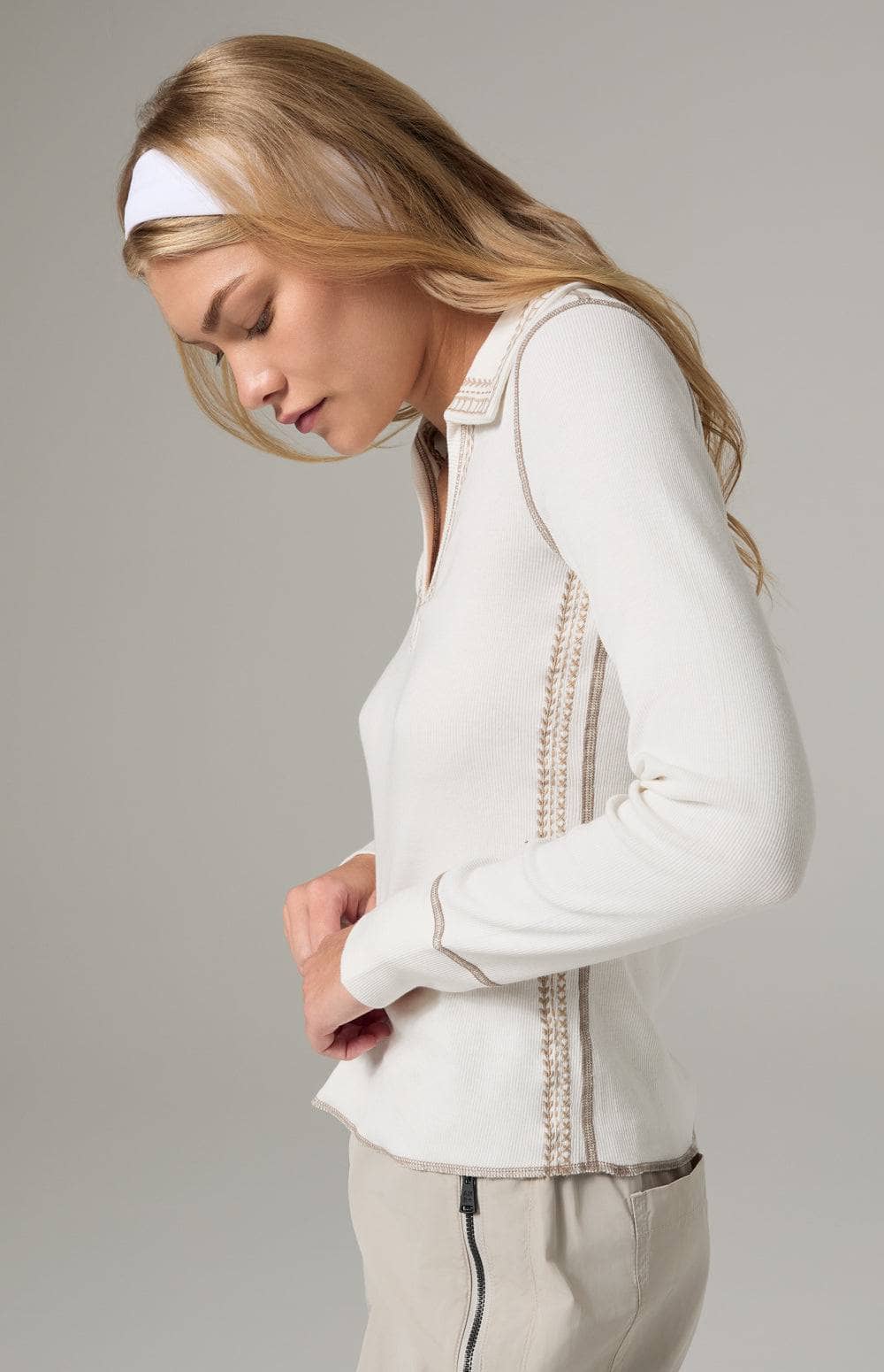 Alp N Rock Asher Polo Shirt, Women's White Long Sleeve Polo Shirt with Embroidery at the Neckline and Down the Bodice