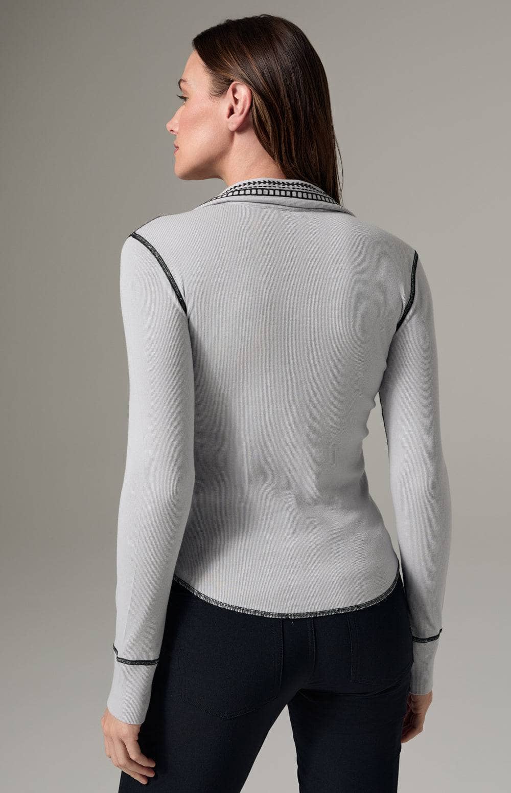 Alp N Rock Asher Polo Shirt, Women's Silver Grey Long Sleeve Polo Shirt with Embroidery at the Neckline and Down the Bodice