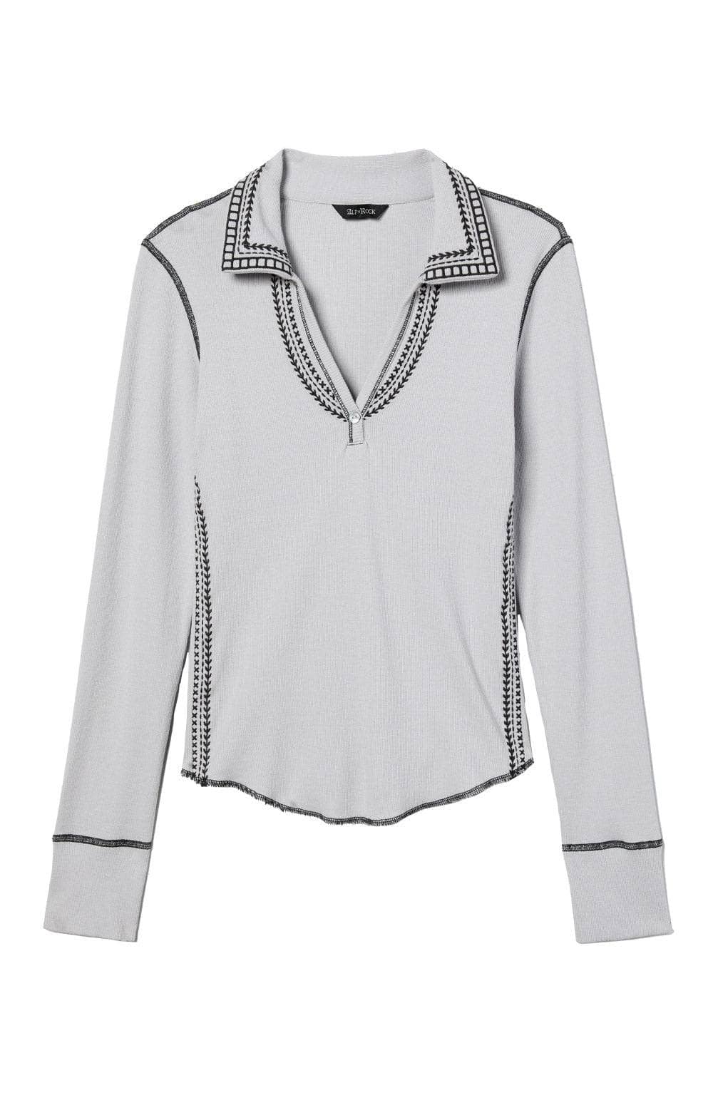 Alp N Rock Asher Polo Shirt, Women's Silver Grey Long Sleeve Polo Shirt with Embroidery at the Neckline and Down the Bodice