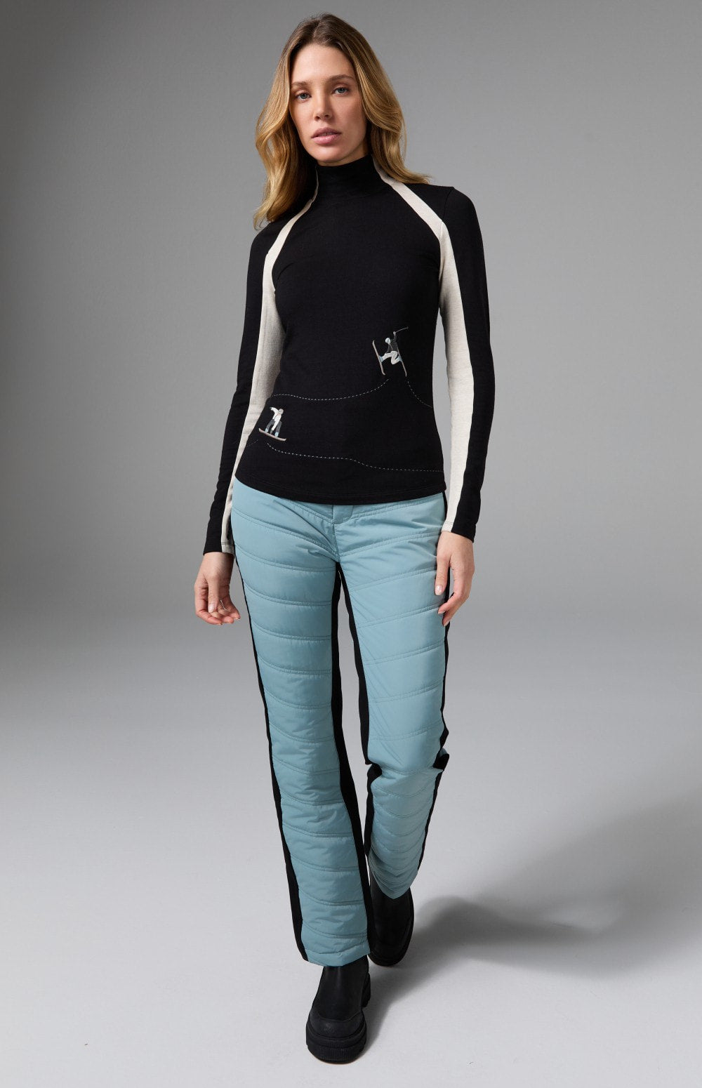 Alp N Rock Ashna Longsleeve Mock Neck, black longsleeve for women with white stripes and embroidered skiers