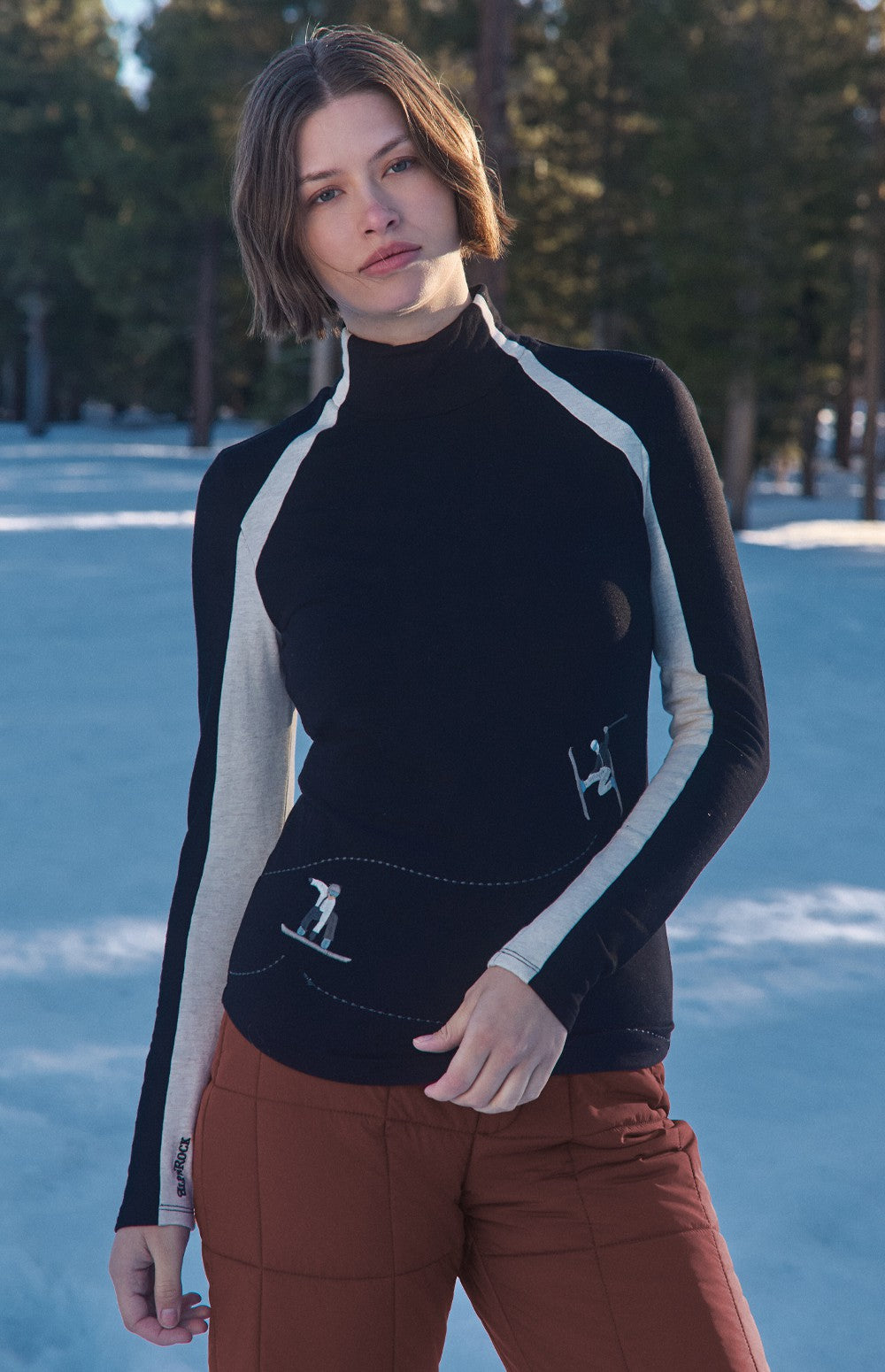 Alp N Rock Ashna Longsleeve Mock Neck, black longsleeve for women with white stripes and embroidered skiers